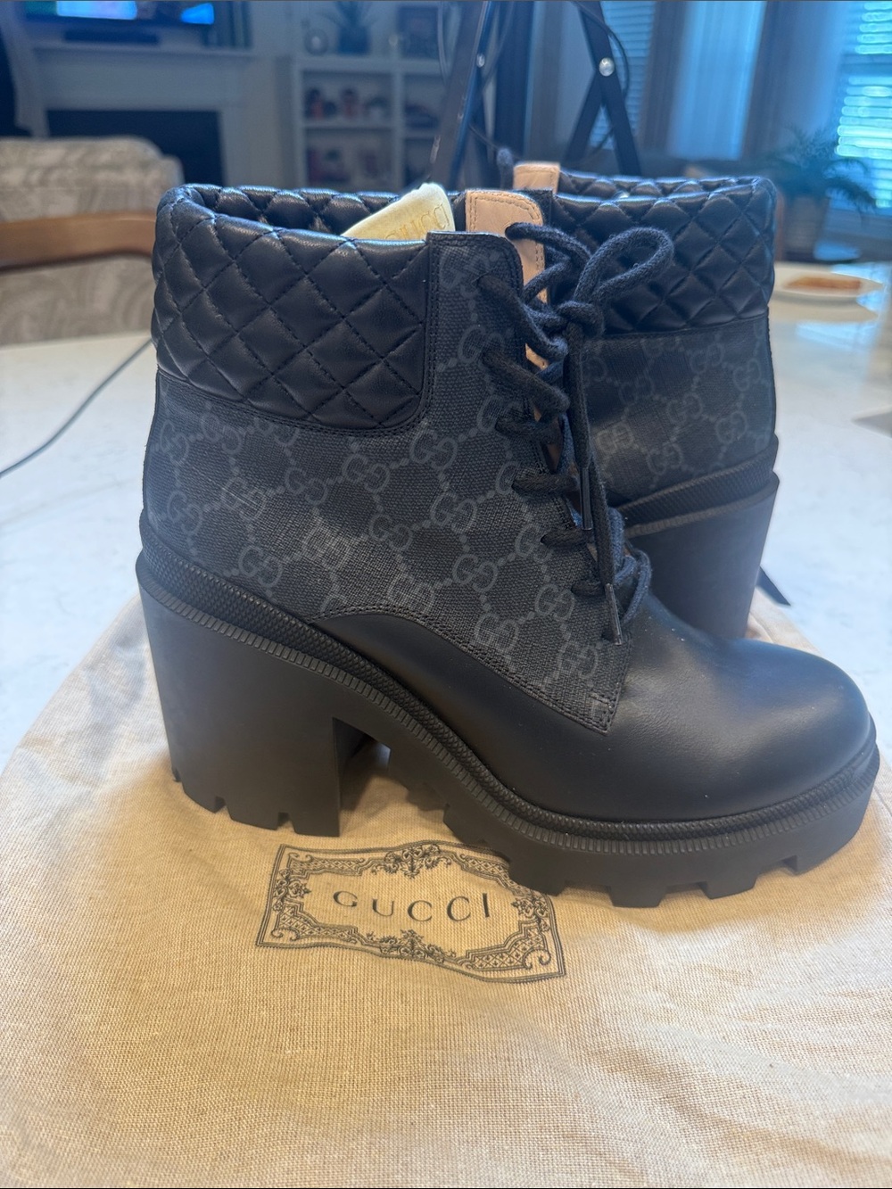 Gucci GG Supreme Black Quilted Lace-Up Platform Boots Size 41